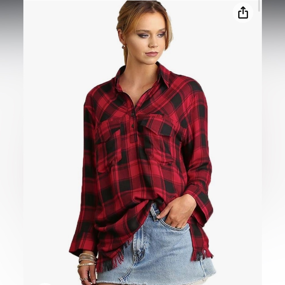 Umgee red buffalo plaid tunic top - Picture 11 of 15